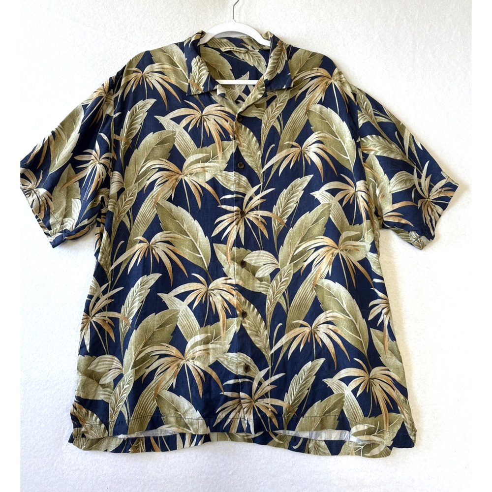 Tommy Bahama Mens Hawaiian Floral Printed 100% Silk Button Up Shirt Mens XL Navy